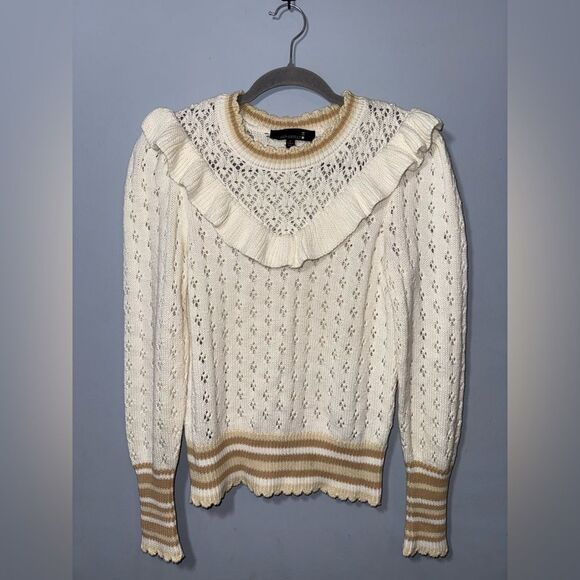 Broadway 38 Cream Ruffle Yoke Pointelle Knit Sweater Size M EUC - Picture 2 of 9
